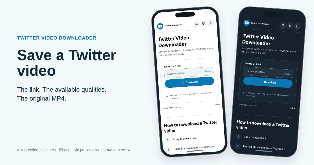 Twitter Video Downloader in light and dark modes, shown in iPhone-style frames with the post-link input and Download button.
