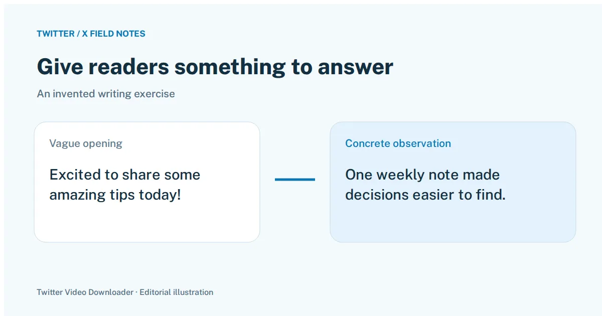 A vague Twitter opening rewritten as a concrete observation: one weekly note made decisions easier to find.